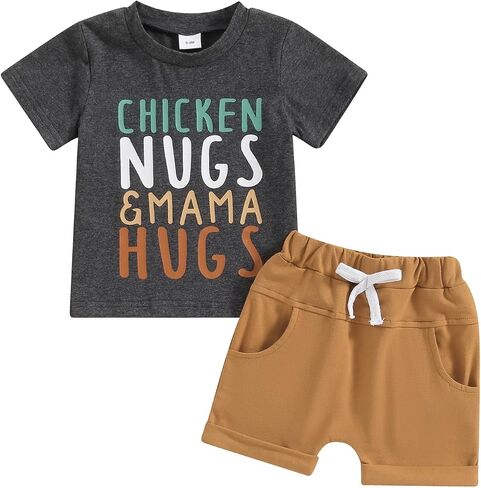 ZJLJAYCHOU Toddler Baby Boy Farm Clothes Short Sleeve Chicken Nugs&Mama Hugs Tshirt Chick Print Shorts Set 2pc Summer Clothes in Saudi Arabia