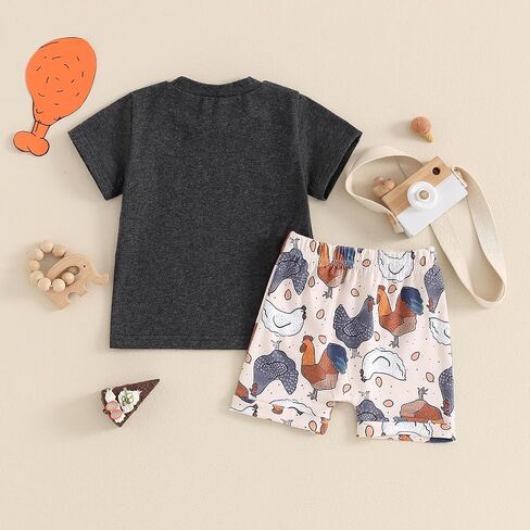 ZJLJAYCHOU Toddler Baby Boy Farm Clothes Short Sleeve Chicken Nugs&Mama Hugs Tshirt Chick Print Shorts Set 2pc Summer Clothes in Saudi Arabia