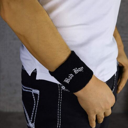 Bad Boy Sweat Band for Wrist - Embroidered Sweat Absorbent Wrist Band for Men - Black Terrycloth Arm Band for Training Tennis Volleyball Basketball Workout - Gift for Sports Lovers in Saudi Arabia