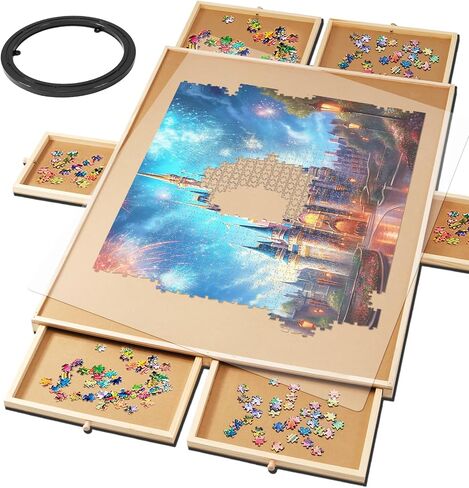 MOCOWAY 1500 Piece Wooden Puzzle Table Rotating Puzzle Board with 6 Drawers and Cover Portable Spinning Jigsaw Puzzle Board Holiday Birthday Gift for Boys Girls Friends Family, 36.6" x28.2.1" in Saudi Arabia