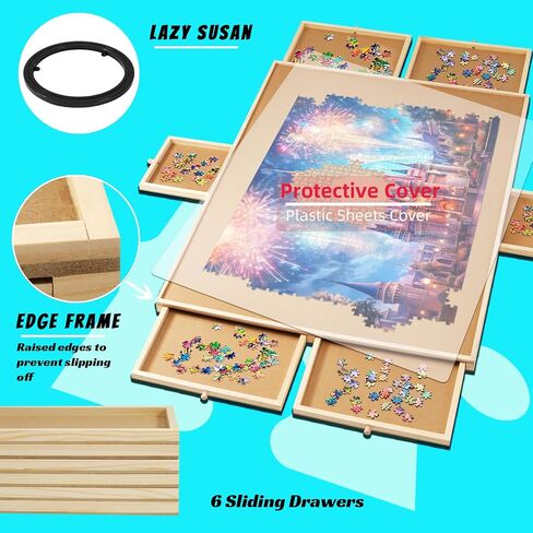 MOCOWAY 1500 Piece Wooden Puzzle Table Rotating Puzzle Board with 6 Drawers and Cover Portable Spinning Jigsaw Puzzle Board Holiday Birthday Gift for Boys Girls Friends Family, 36.6" x28.2.1" in Saudi Arabia