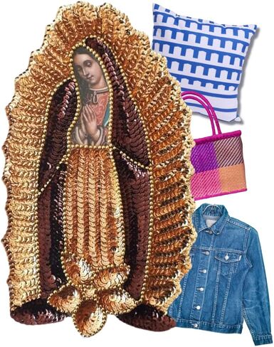 رقعة الترتر Virgen de Guadalupe، رقعة الخياطة Our Lady Guadalupe، رقعة مطرزة بالترتر وردة حمراء، رقعة وردة حمراء ليدي Guadalupe، رقعة الترتر العذراء، رقعة سترة Virgencita Denim in Kuwait