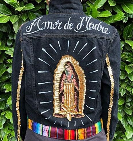 رقعة الترتر Virgen de Guadalupe، رقعة الخياطة Our Lady Guadalupe، رقعة مطرزة بالترتر وردة حمراء، رقعة وردة حمراء ليدي Guadalupe، رقعة الترتر العذراء، رقعة سترة Virgencita Denim in Kuwait