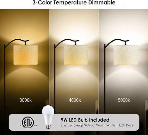 مصباح أرضي BoostArea لغرفة المعيشة، مصباح أرضي مقوس LED بقدرة 9 وات، مصباح قائم طويل وحديث مع غطاء من الكتان، درجة حرارة 3 ألوان، مقبس E26، مفتاح القدم، مصباح أرضي في منتصف القرن لغرف النوم والمكتب in Kuwait
