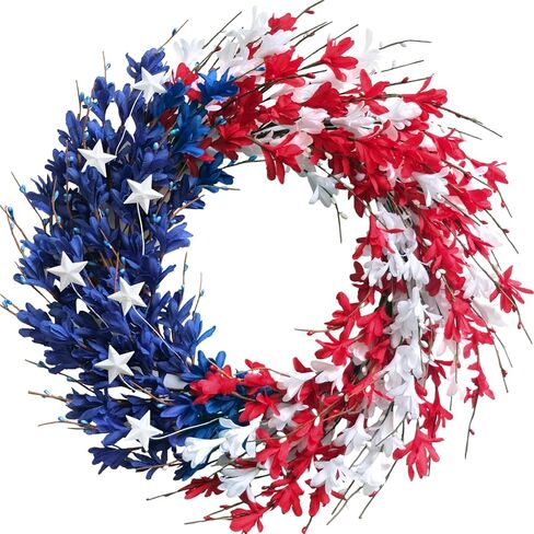 Bibelot 20 بوصة أحمر أبيض أزرق اصطناعي زهرة فورسيثيا إكليل العلم الأمريكي إكليل الزهور الزخارف الوطنية إكليل الرابع من يوليو يوم الاستقلال يوم الذكرى يوم العلم للتعليق in Kuwait