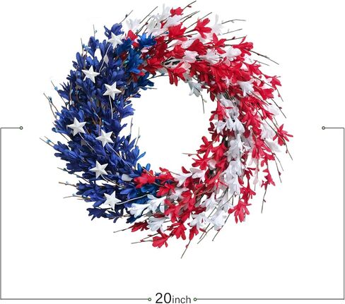 Bibelot 20 بوصة أحمر أبيض أزرق اصطناعي زهرة فورسيثيا إكليل العلم الأمريكي إكليل الزهور الزخارف الوطنية إكليل الرابع من يوليو يوم الاستقلال يوم الذكرى يوم العلم للتعليق in Kuwait