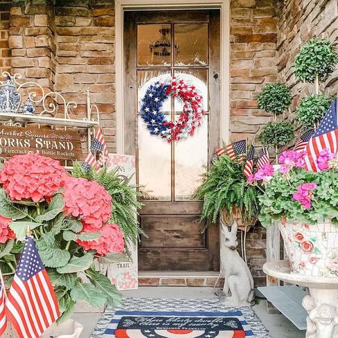 Bibelot 20 بوصة أحمر أبيض أزرق اصطناعي زهرة فورسيثيا إكليل العلم الأمريكي إكليل الزهور الزخارف الوطنية إكليل الرابع من يوليو يوم الاستقلال يوم الذكرى يوم العلم للتعليق in Kuwait