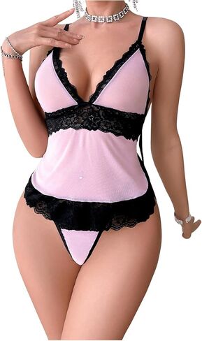 SweatyRocks Women's 2 Piece Lingerie Set V Neck Colorblock Lace Cami Tops and Thongs Set in Saudi Arabia