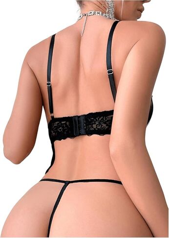 SweatyRocks Women's 2 Piece Lingerie Set V Neck Colorblock Lace Cami Tops and Thongs Set in Saudi Arabia