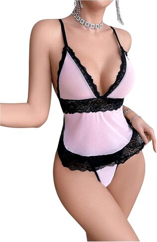 SweatyRocks Women's 2 Piece Lingerie Set V Neck Colorblock Lace Cami Tops and Thongs Set in Saudi Arabia