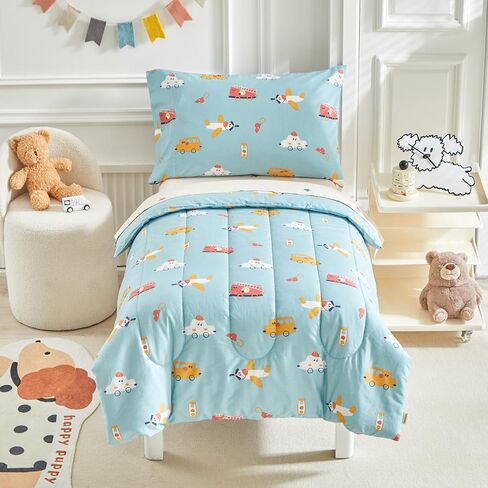 Joyreap 4 Piece Cotton Toddler Bedding Set- Cars Buses Airplanes on Aqua Design, Toddler Comforter Set for Boys n Girls, Includes Quilted Comforter, Fitted Sheet, Top Sheet, and Pillow Case in Saudi Arabia