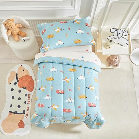 Joyreap 4 Piece Cotton Toddler Bedding Set- Cars Buses Airplanes on Aqua Design, Toddler Comforter Set for Boys n Girls, Includes Quilted Comforter, Fitted Sheet, Top Sheet, and Pillow Case in Saudi Arabia