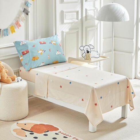 Joyreap 4 Piece Cotton Toddler Bedding Set- Cars Buses Airplanes on Aqua Design, Toddler Comforter Set for Boys n Girls, Includes Quilted Comforter, Fitted Sheet, Top Sheet, and Pillow Case in Saudi Arabia