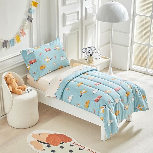 Joyreap 4 Piece Cotton Toddler Bedding Set- Cars Buses Airplanes on Aqua Design, Toddler Comforter Set for Boys n Girls, Includes Quilted Comforter, Fitted Sheet, Top Sheet, and Pillow Case in Saudi Arabia