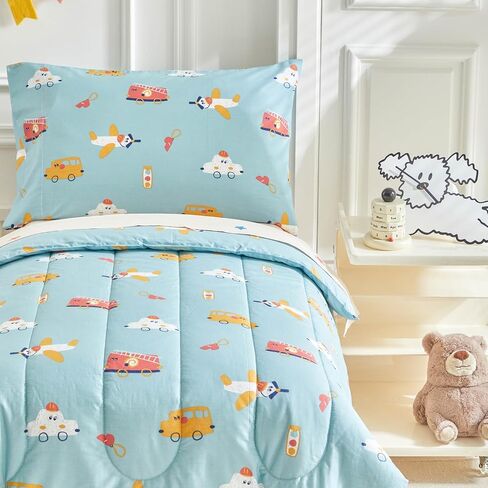 Joyreap 4 Piece Cotton Toddler Bedding Set- Cars Buses Airplanes on Aqua Design, Toddler Comforter Set for Boys n Girls, Includes Quilted Comforter, Fitted Sheet, Top Sheet, and Pillow Case in Saudi Arabia