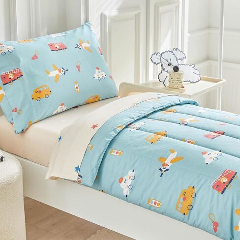 Joyreap 4 Piece Cotton Toddler Bedding Set- Cars Buses Airplanes on Aqua Design, Toddler Comforter Set for Boys n Girls, Includes Quilted Comforter, Fitted Sheet, Top Sheet, and Pillow Case in Saudi Arabia