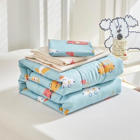 Joyreap 4 Piece Cotton Toddler Bedding Set- Cars Buses Airplanes on Aqua Design, Toddler Comforter Set for Boys n Girls, Includes Quilted Comforter, Fitted Sheet, Top Sheet, and Pillow Case in Saudi Arabia