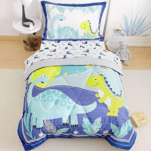 Jupeollon Dinosaur Toddler Bedding Set 4Piece Soft Toddler Sheet Set for Boys Girls Include Comforter, Flat Sheet, Fitted Sheet, Pillowcase, Blue White in Kuwait