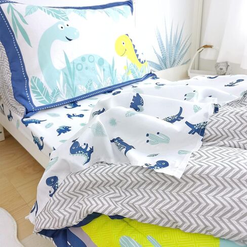 Jupeollon Dinosaur Toddler Bedding Set 4Piece Soft Toddler Sheet Set for Boys Girls Include Comforter, Flat Sheet, Fitted Sheet, Pillowcase, Blue White in Kuwait