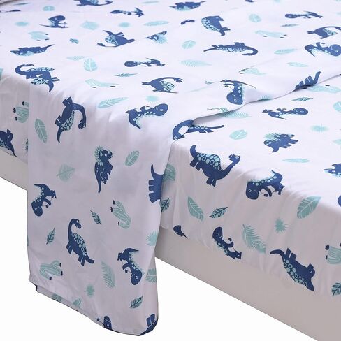 Jupeollon Dinosaur Toddler Bedding Set 4Piece Soft Toddler Sheet Set for Boys Girls Include Comforter, Flat Sheet, Fitted Sheet, Pillowcase, Blue White in Kuwait