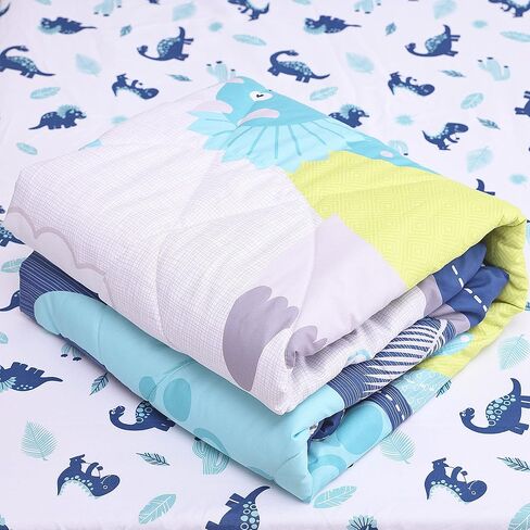 Jupeollon Dinosaur Toddler Bedding Set 4Piece Soft Toddler Sheet Set for Boys Girls Include Comforter, Flat Sheet, Fitted Sheet, Pillowcase, Blue White in Kuwait