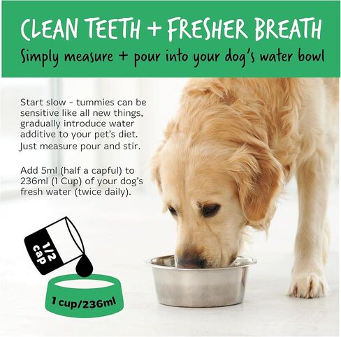 معطر أنفاس الكلاب من بوغالوغ، إضافات مائية للعناية بالأسنان. أسنان نظيفة ولثة صحية ونفس منعش - مزيل طبيعي للوحة الكلاب ومزيل الجير للأسنان. لا حاجة للتنظيف بالفرشاة (16.9 أونصة من الماء المضاف) in Kuwait