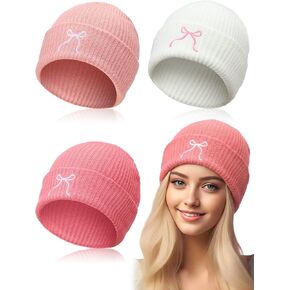 3 Pcs Christmas Pink Bow Beanie Hats Women Coquette Aesthetic Beanie Gifts Bulk Christmas Y2k Gifts Accessories(Black, White, Pink,Embroidery) in Kuwait