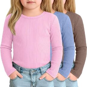 3 Pack Toddler Girls Long Sleeve Shirts Baby Ribbed Girls Layering Undershirts Crew Neck Basic Tee Slim Fit Tops in Kuwait
