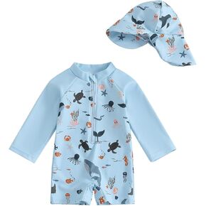 طقم ملابس سباحة WYTbaby Baby Boy Rash Guard مع قبعة شمسية، بدلة شمس بأكمام طويلة وسحاب للأطفال الصغار 0-3T in Kuwait