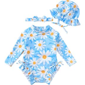 Renotemy Baby Girls Swimsuit Drawstring Zip Bathing Suit Long Sleeve One-Piece Rash Guard Swimwear with Hat for Infant Girl in Kuwait