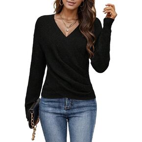 بلوفر نسائي برقبة على شكل حرف V، سترة متماسكة مضلعة وأكمام طويلة، كاجوال مكشكشة، مقاس نحيف، ملابس علوية للخروج in Kuwait