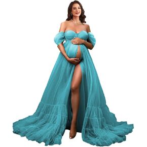 Tulle Long Maternity Dress for Photoshoot Off Shoulder Photography Pregnancy Gowns with Slit in Saudi Arabia