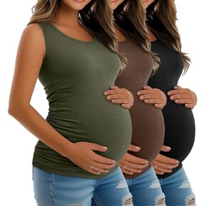 Riyiper 3 Pack Women's Maternity Tank Tops, Sleeveless Cotton Pregnancy Shirts Ribbed Knit Sides Ruched Basic Mama Clothes in Kuwait