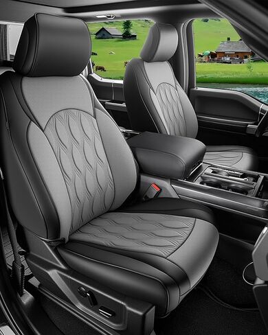DiffCar® for Ford F150 أغطية مقاعد 2025 2024 2023 2022 2021، مجموعة كاملة من ملحقات الشاحنات المصنوعة من جلد البولي يوريثان لـ F 150، واقيات مقاعد السيارة الصغيرة تناسب فورد F-150 XT XLT SuperCrew/CrewCab 21-25، أسود in Kuwait