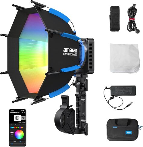 amaran Ray 120c RGB Video Light، 120W Portable Studio Light IP54، CCT 1,800K-20,000K، أضواء LED للتحكم في التطبيق Bowens Mount للتصوير الفوتوغرافي مع حقيبة Softbox المحمولة (Ray 120c) in Kuwait
