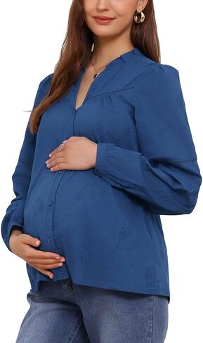 Womens Maternity Top Long Sleeve Button Shirt Lace Trim Blouse V Neck Cotton Casual Office Pregnancy Blouse in Kuwait