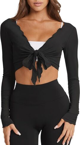 Womens Tie Front Wrap Tops Long Sleeve Bolero Shrugs Cropped Shirts Yoga Ballet Cover Up Top Pilates Workout Outfits in Kuwait