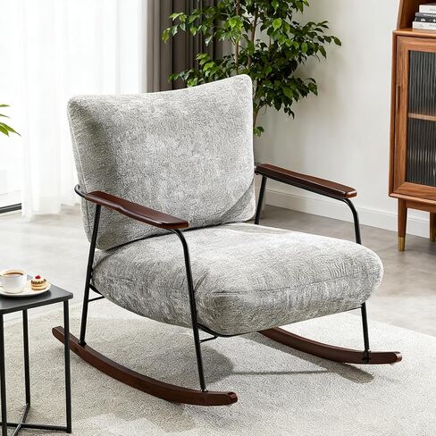 Upholstered Rocking Chair, Nursery Glider Rocker Accent Chair with Armrests Wood Legs for Relaxing,Comfy Armchair Chenille Fabric for Living Room Bedroom, Beige in Kuwait