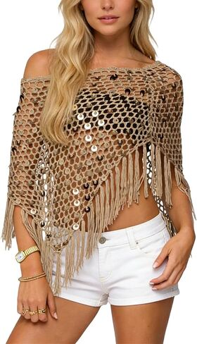 Women Sheer Poncho Tops Crochet Knit Tassels Sequin Shrug Bolero Hollow Out Cover Ups Pullover Shawl in Kuwait