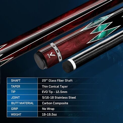 EVO MEG Maxbing Edition Pool Cue Stick Combo, Low Deflection Professional Pool Stick 12.5mm Tip, Billiard Cue Stick for Adults with 5/16-18 Joint, Carbon Composite Butt, Wrapless Design in Saudi Arabia