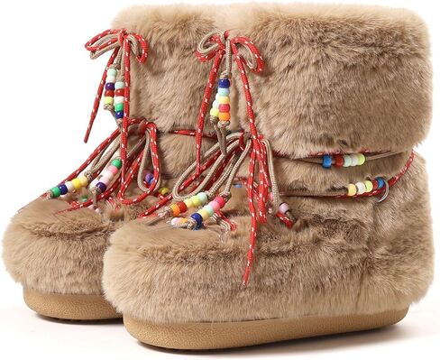 Women Snow Boots Faux Fur Mid Calf Boots Lace-up Fluffy Fuzzy Warm Comfortable Non-slip Round Toe Winter Flats Shoes in Saudi Arabia