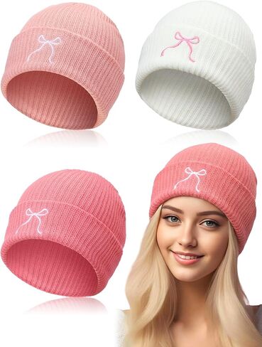 3 Pcs Christmas Pink Bow Beanie Hats Women Coquette Aesthetic Beanie Gifts Bulk Christmas Y2k Gifts Accessories(Black, White, Pink,Embroidery) in Kuwait