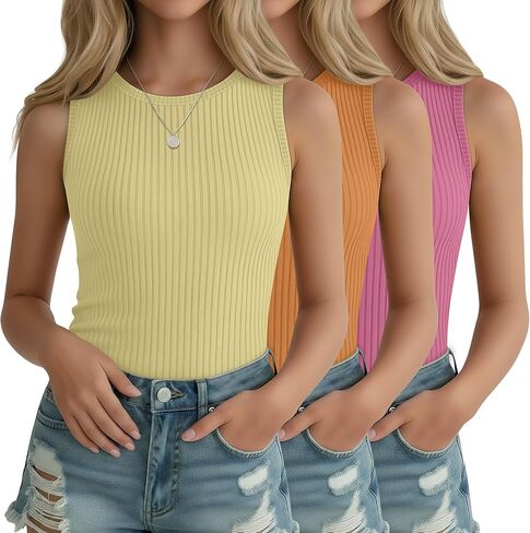 3 Pack Girl's Ribbed Tank Top Crew Neck Sleeveless Undershirts Slim Fitted Stretchy Casual Shirts 5-14 Years in Saudi Arabia
