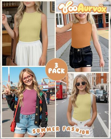3 Pack Girl's Ribbed Tank Top Crew Neck Sleeveless Undershirts Slim Fitted Stretchy Casual Shirts 5-14 Years in Saudi Arabia