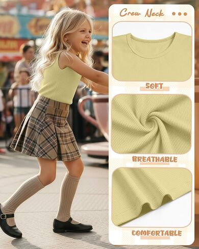 3 Pack Girl's Ribbed Tank Top Crew Neck Sleeveless Undershirts Slim Fitted Stretchy Casual Shirts 5-14 Years in Saudi Arabia