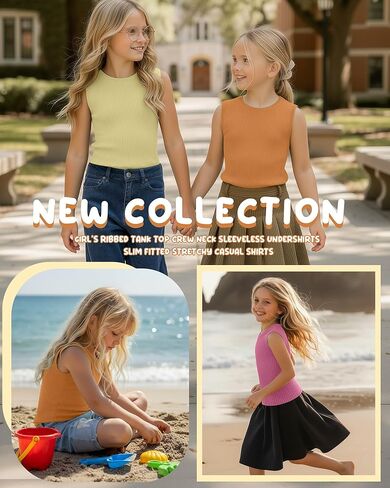 3 Pack Girl's Ribbed Tank Top Crew Neck Sleeveless Undershirts Slim Fitted Stretchy Casual Shirts 5-14 Years in Saudi Arabia