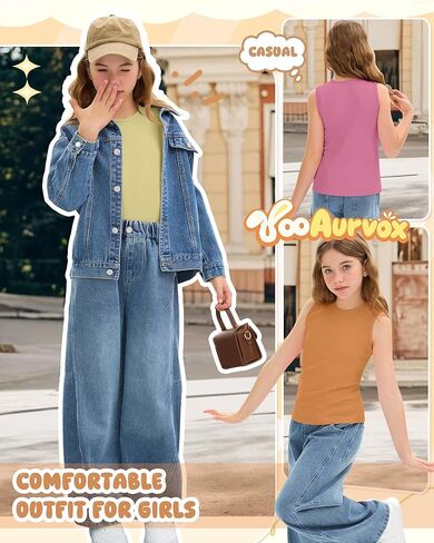 3 Pack Girl's Ribbed Tank Top Crew Neck Sleeveless Undershirts Slim Fitted Stretchy Casual Shirts 5-14 Years in Saudi Arabia