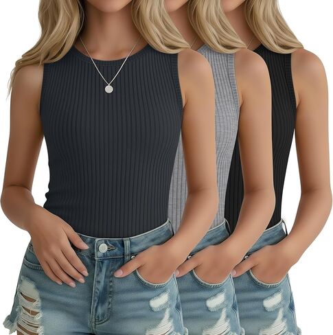 3 Pack Girl's Ribbed Tank Top Crew Neck Sleeveless Undershirts Slim Fitted Stretchy Casual Shirts 5-14 Years in Saudi Arabia