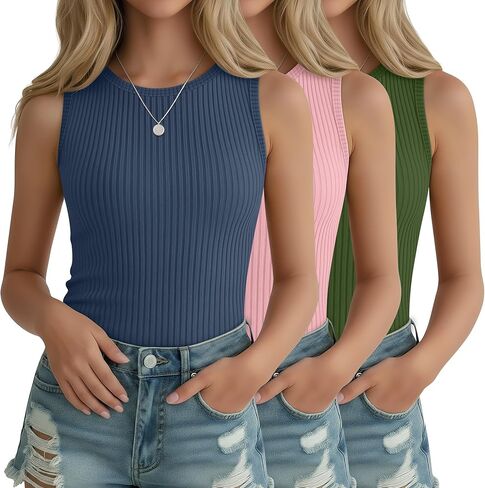 3 Pack Girl's Ribbed Tank Top Crew Neck Sleeveless Undershirts Slim Fitted Stretchy Casual Shirts 5-14 Years in Saudi Arabia