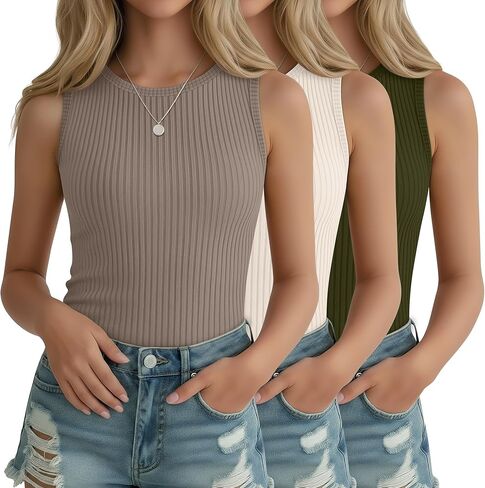 3 Pack Girl's Ribbed Tank Top Crew Neck Sleeveless Undershirts Slim Fitted Stretchy Casual Shirts 5-14 Years in Saudi Arabia